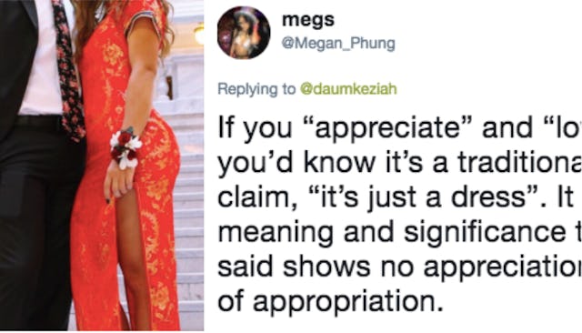 A two-part collage with a teen girl wearing a traditional Chinese dress to prom and a Tweet about it