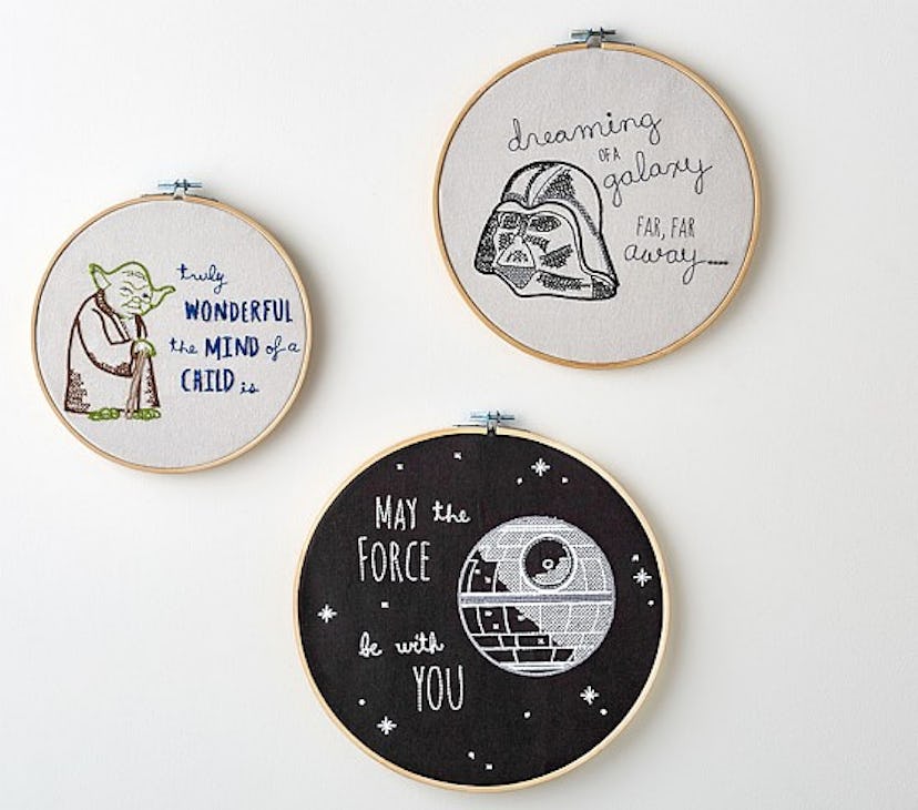 Items From The Star Wars Pottery Barn Collection: needlepoint set– Death Star, Darth Vader, Yoda and...