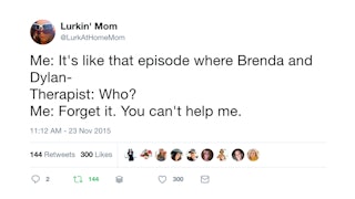 A funny and relatable tweet on conversation between a woman and her therapist referencing Beverly Hi...