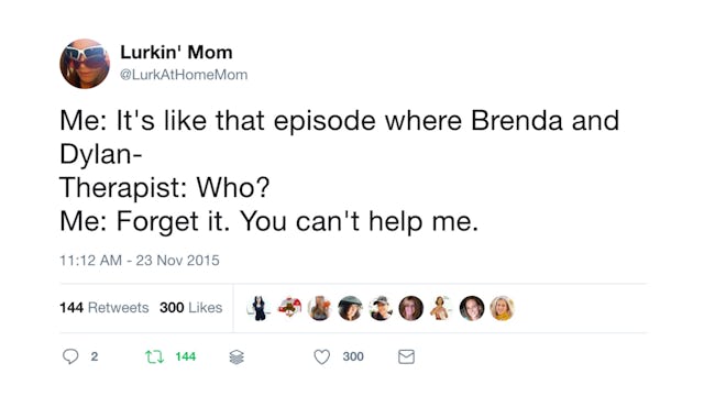 A funny and relatable tweet on conversation between a woman and her therapist referencing Beverly Hi...