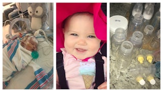 A three-part collage of a newborn in an incubator, a smiling, healthy baby, and numerous breast pump...