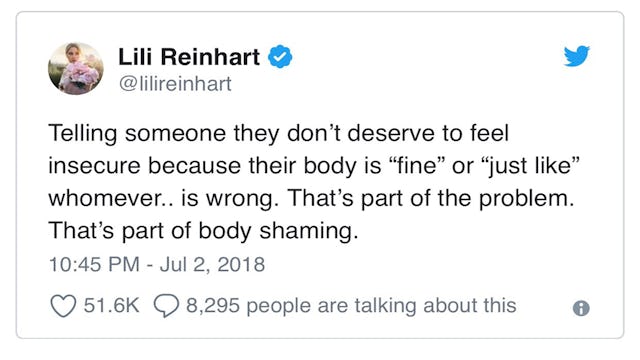 A tweet from 'Riverdale' Star Lili Reinhart about body Dysmorphia that went viral