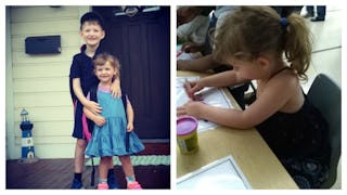 A two-part collage: A boy and a girl standing in front of the entrance of a house, a girl writing so...