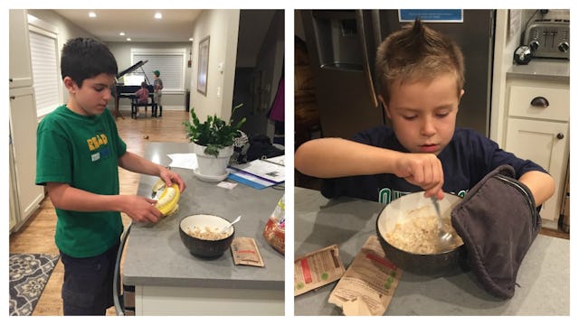 A two-part collage of kids making meals in the kitchen