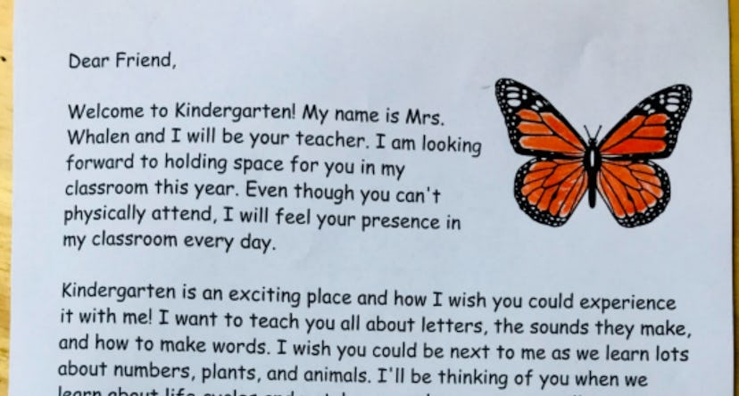 A greeting letter from a kindergarten teacher to a child on a white and a sticker of an orange butte...