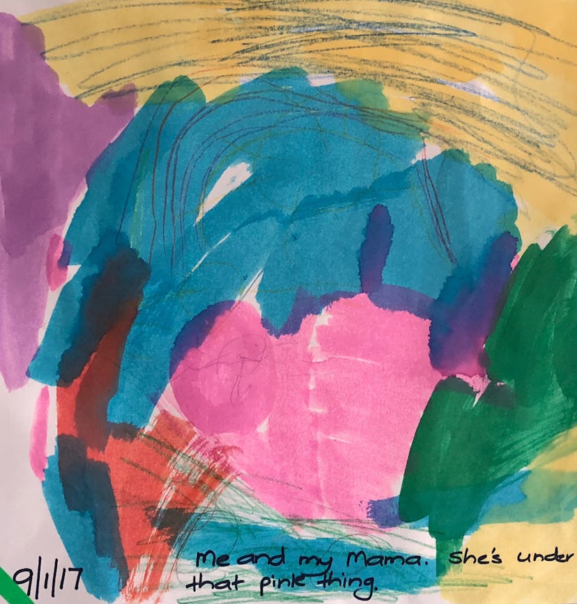 A pink, blue, red, and green drawing of a small girl with "me and my mama. she's under that pine thi...