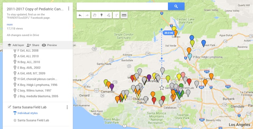 A self-reported map with pins of 50 kids with cancer in the same area 