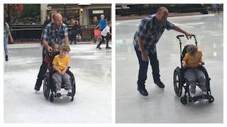 A two-part collage of a father in a blue checked shirt helping his son to ice skate in a wheelchair