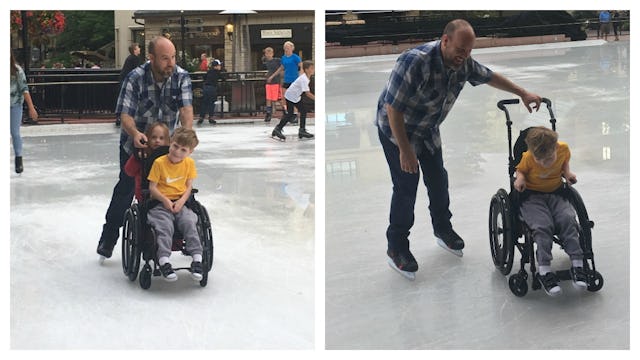 A two-part collage of a father in a blue checked shirt helping his son to ice skate in a wheelchair