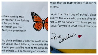 A collage of two greeting letters from a kindergarten teacher on white paper