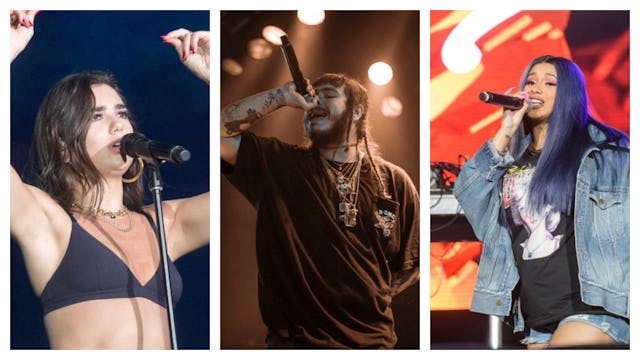 Dua Lipa, Post Malone and Cardi B performing on stage three part collage