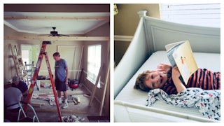 A collage showing on one side a room during construction and on the other one is a boy lying, laughi...