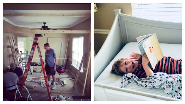 A collage showing on one side a room during construction and on the other one is a boy lying, laughi...