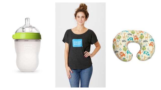 A young mom smiling with pictures of two breastfeeding products on the left and right side