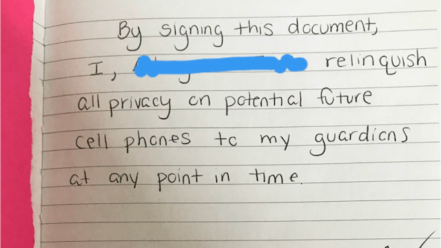 A handwritten contract between a tween and her parents about not having privacy on her cell phones i...