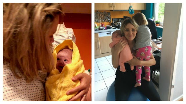 A mother holding her newborn baby on the left and a mother kneeling with two children in her arms on...