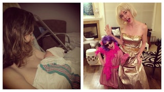A two-part collage of a mother breastfeeding her newborn daughter and posing with her as a toddler, ...