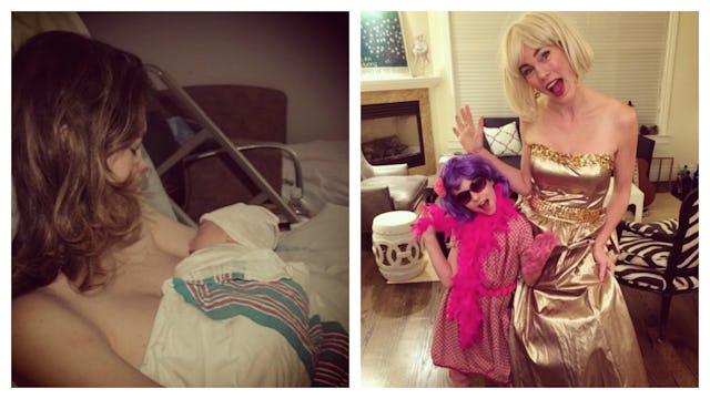 A two-part collage of a mother breastfeeding her newborn daughter and posing with her as a toddler, ...