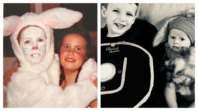 A two part collage with Devon Kelly as a child and her two children wearing Halloween costumes