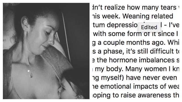 A two-part collage of a mother with Weaning-Related depression breastfeeding her child next to her h...
