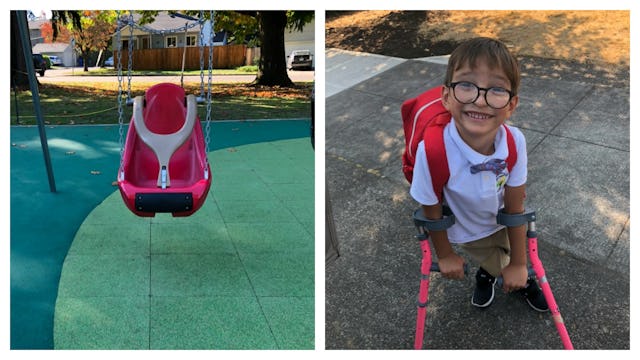 A red swing in the park and a disabled kid on crutches