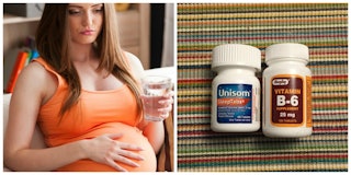 pregnant woman holding a cup of water, pregnant woman touching her belly, unisom and B6 vitamin