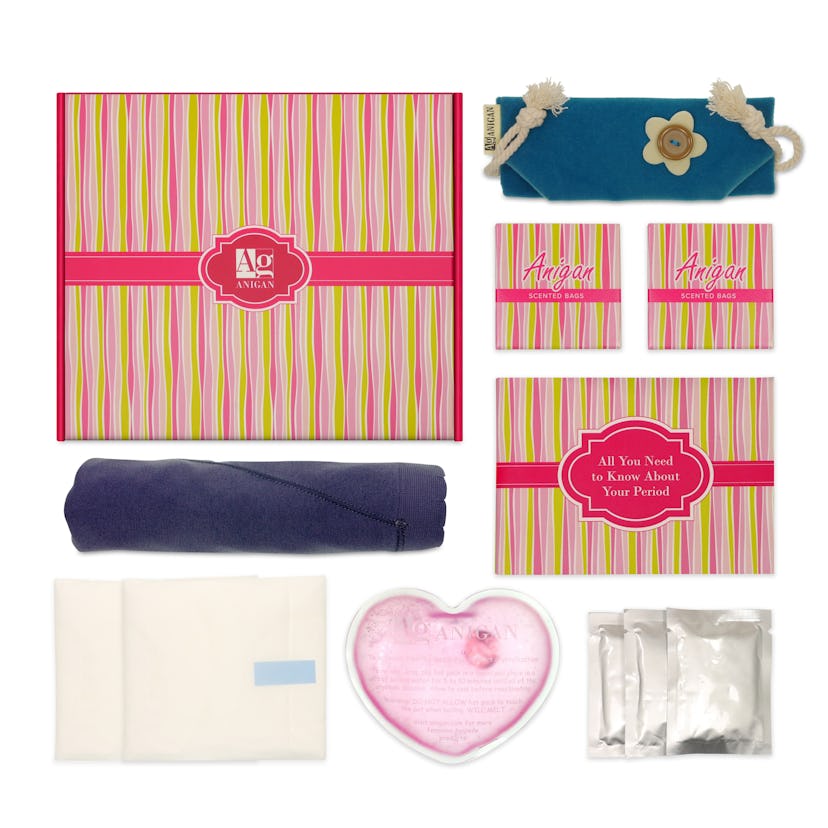 An Anigan First Period Kit that includes period-related Q&A, period panties, pads, disposable bags, ...