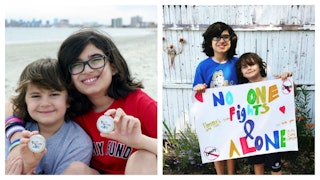 Collage of two brother holding up lip balms and  the same brothers holding a poster supporting pedia...