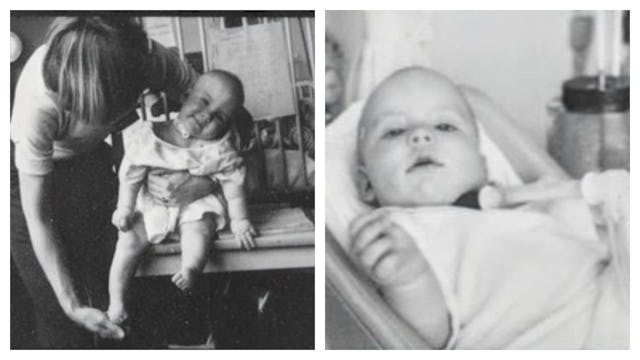 A two-part collage of old photos of Kelli Tager with her mom as a baby and Kelli Tager in a bed
