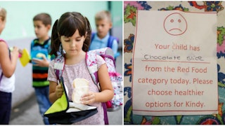 A girl taking a sandwich out of her lunch bag; A note from a teacher advising her mother to pick hea...