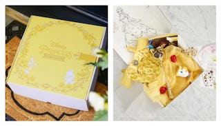 A vanilla yellow Disney Princess subscription box on a doormat next to white roses slightly blurred