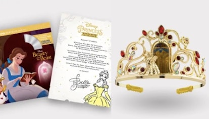 A golden Belle tiara next to two Belle themed card-posters