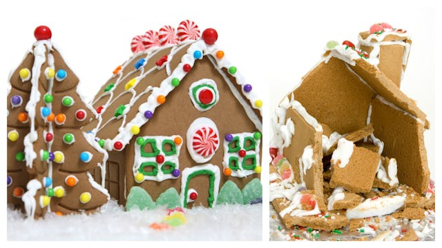 A collage of two images: one with a decorated gingerbread house, the other one a ruined and smashed ...