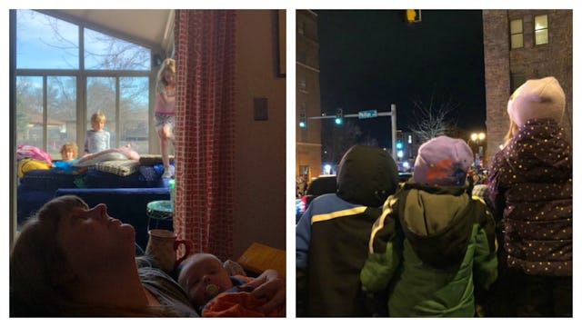 A woman who has four kids with one baby in her arms, other three jumping on the couch and next to th...