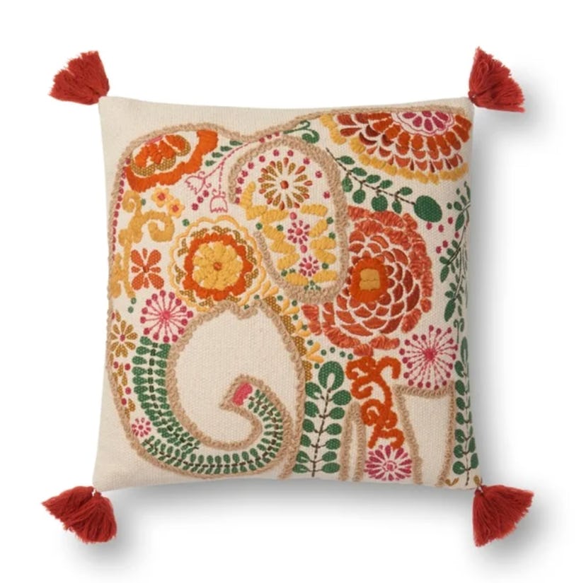 Embroidered Elephant Cotton Throw Pillow
