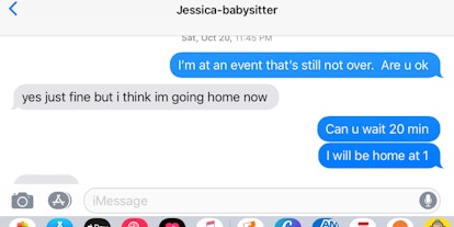 Messages reading depicting that the babysitter is going home, while the dad is still at an event