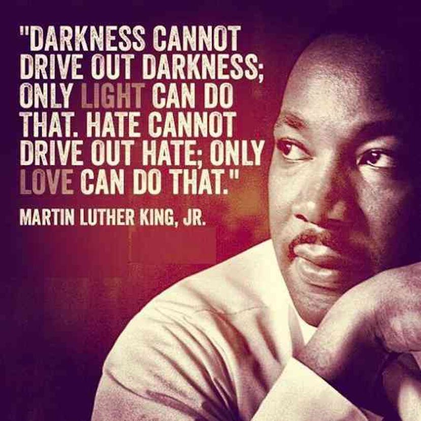 Photograph of Martin Luther King and his quote about light being the only thing to drive out darknes...