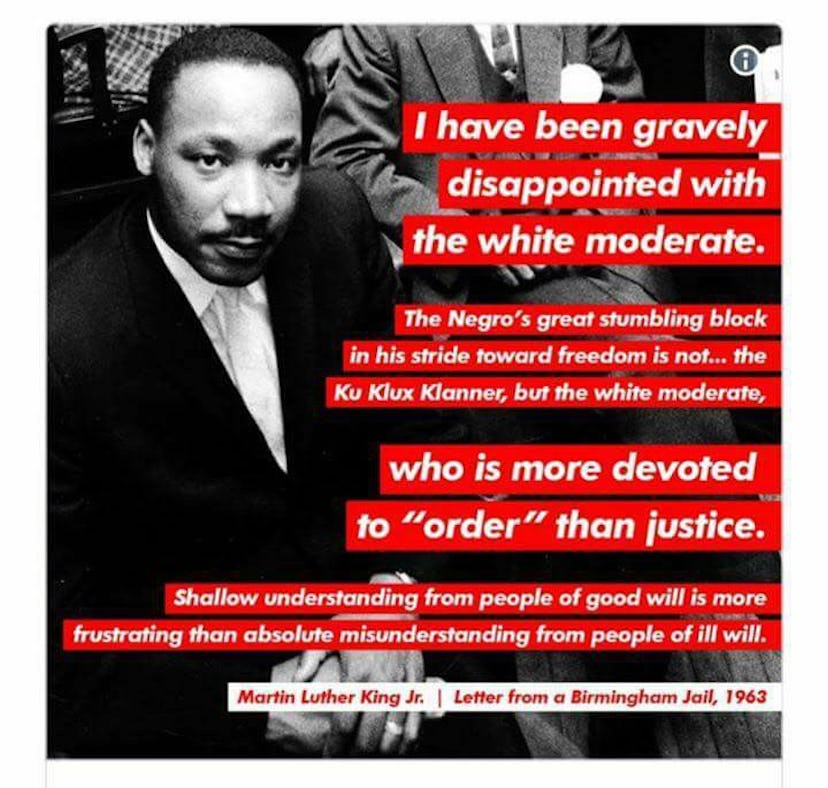 Martin Luther King with his quotes written next to him in white font on red backgrounds