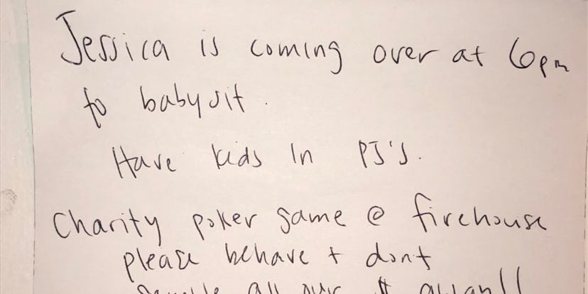  Note  that reads "Jessica is coming over at 10 pm to babysit", "Have kids in PJs" & "Charity poker ...