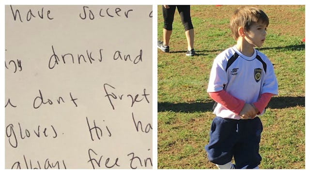 Part of a hand-written note and a boy on a soccer field in a white soccer jersey