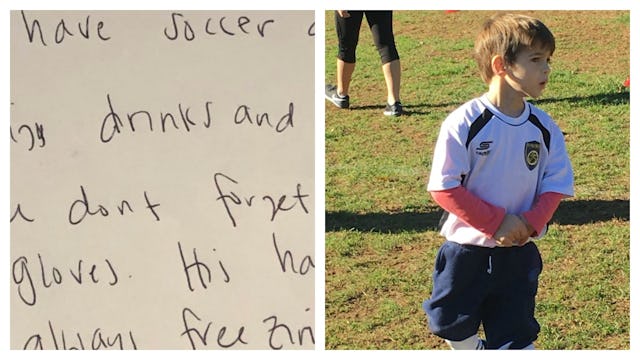  Part of a hand-written note and a boy on a soccer field in a white soccer jersey