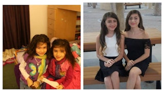 Collage, two young girls sitting in a room when they were kids, and those same two girls as teenager...
