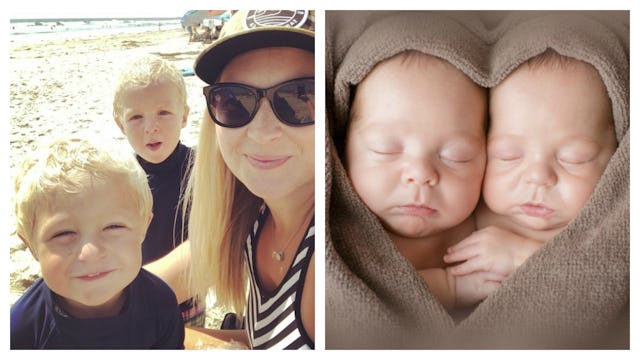 A two-part collage: Lindsay Andersen with her toddlers and her kids when they were newborns, sleepin...