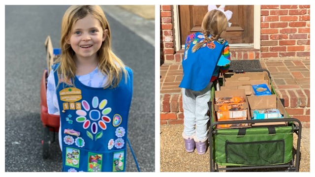 A two-part collage: a girl in a blue T-shirt with a scout vest and her next to a green cart with coo...