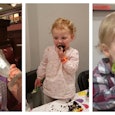 A collage of three kids being messy and unruly at a restaurant 