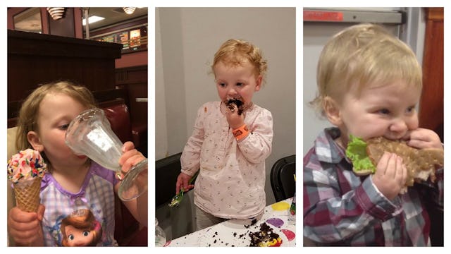 A collage of three kids being messy and unruly at a restaurant 