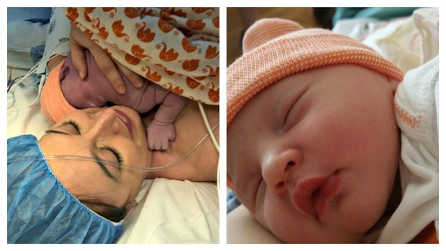 A woman who had an elective C-section hugging her baby
