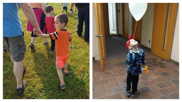 A parent holding a hand of a child with special needs on the left side, and on the right side a chil...
