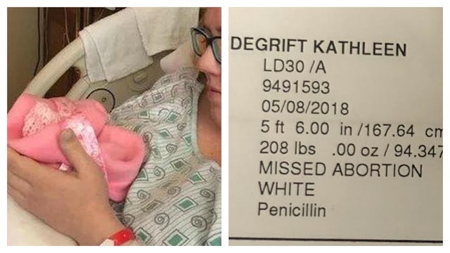 Mother holding her baby's pink clothes and a hospital abortion document 