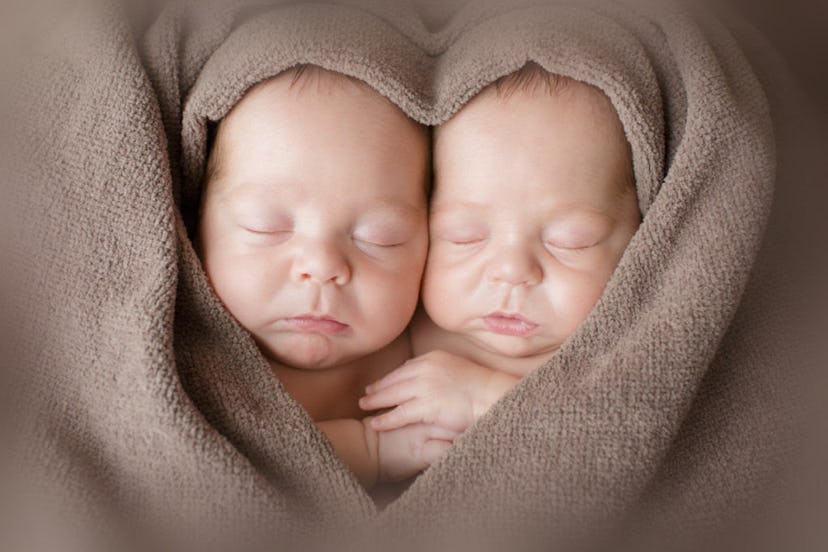 Lindsay Andersen's twins sleeping covered with a brown blanket, revealing only their faces in a hear...